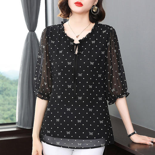 七分袖碎花雪纺衫女夏季新款妈妈遮肚子中袖上衣宽松大码短袖衬衫 商品图1