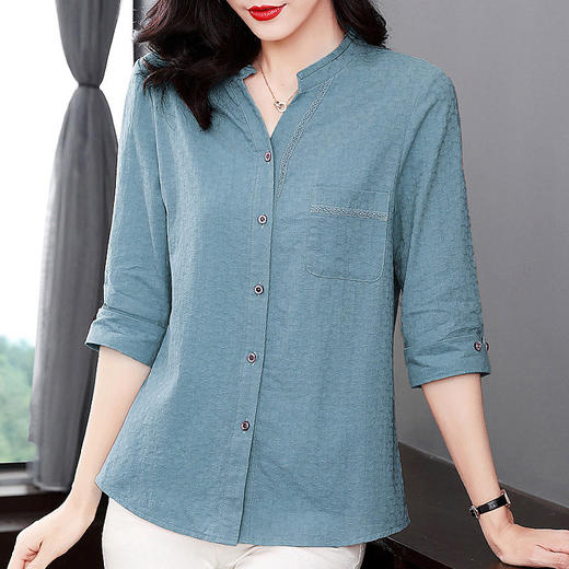 纯棉七分袖衬衫女2025新款春秋棉麻女士中年妈妈衬衣中袖全棉上衣 商品图1