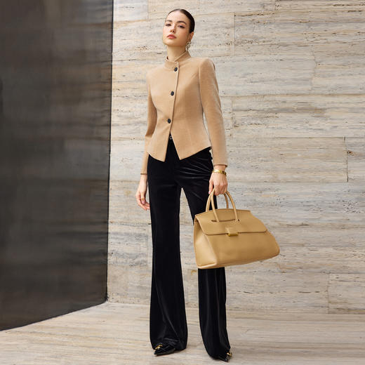 IWY/卡其色高级感气质丝绒套装女职业装立领上衣阔腿裤两件套通勤西装C2580+P2515 商品图3