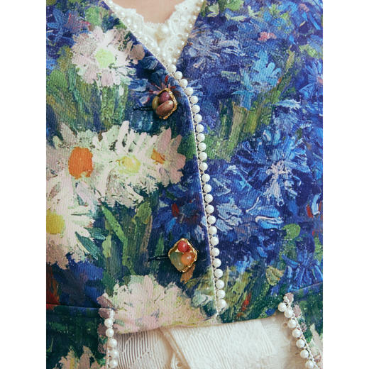 两三事梵高文艺雏菊情书2026春新款珠链边装饰印花短款马甲女马夹 商品图2