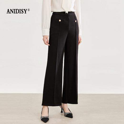 柔挺弹力高腰拉链后松紧腰鱼骨线休闲直筒裤 商品图0