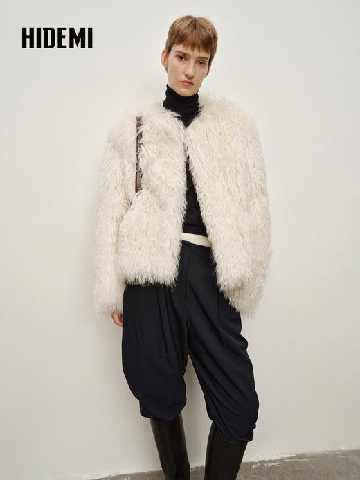 HIDEMI 进口新西兰长毛羊羔毛环保未染色皮毛一体外套 自然白 商品图3