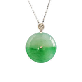 【天然正品】A货翡翠AU750白金镶钻镶天然细腻飘辣阳绿冰种平安扣翡翠吊坠项链链长：45CM（长度可调节）301225NJM19