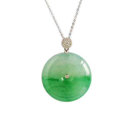 【天然正品】A货翡翠AU750白金镶钻镶天然细腻飘辣阳绿冰种平安扣翡翠吊坠项链链长：45CM（长度可调节）301225NJM19 商品图0