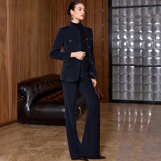 IWY/藏青色高级感雪尼尔立领西装套装女秋冬职业装老钱风修身西服正装CP2594 商品图3
