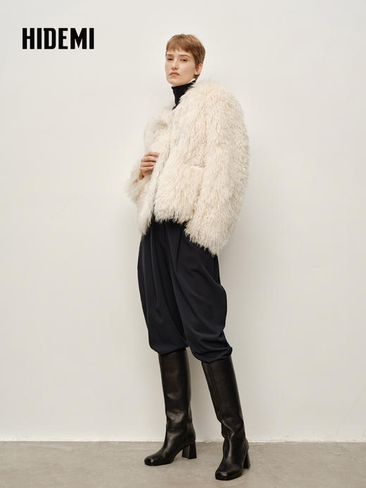 HIDEMI 进口新西兰长毛羊羔毛环保未染色皮毛一体外套 自然白 商品图6