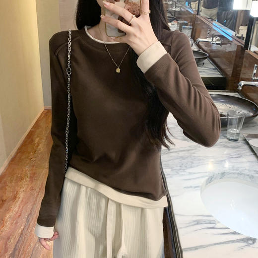 【99元拍2件】【甜辣风纯棉T恤】撞色圆领纯棉T恤 秋季假两件设计感修身内搭单穿上衣 商品图4