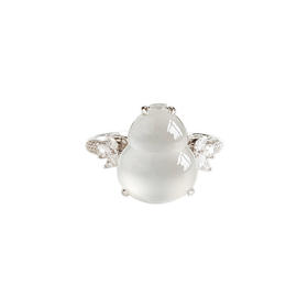 【天然正品】A货翡翠AU750收藏级白金镶钻镶天然细腻白色高冰种葫芦（福禄平安）翡翠戒指13.9*11.1MM(皆取最大值)18号（戒圈可改）301225NJM24