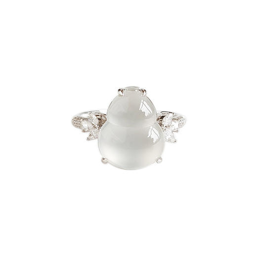 【天然正品】A货翡翠AU750收藏级白金镶钻镶天然细腻白色高冰种葫芦（福禄平安）翡翠戒指13.9*11.1MM(皆取最大值)18号（戒圈可改）301225NJM24 商品图0