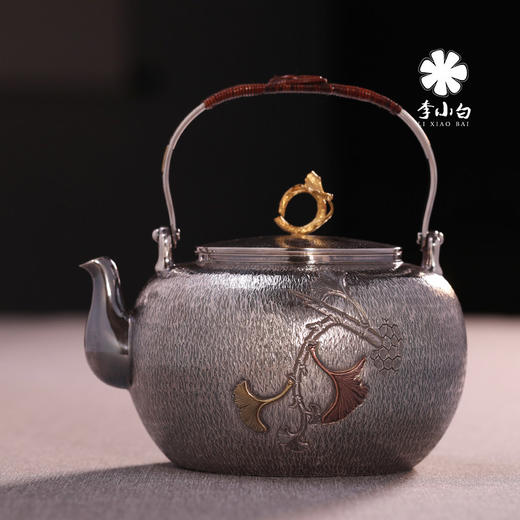 李小白银壶 纯手工银壶 银杏 纯银9999烧水壶 纯银银壶 大师级刻花银壶 商品图1