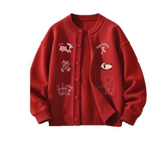 女童针织开衫外套加绒春秋款2026新款中大童毛衣刺绣新年红色 商品图4
