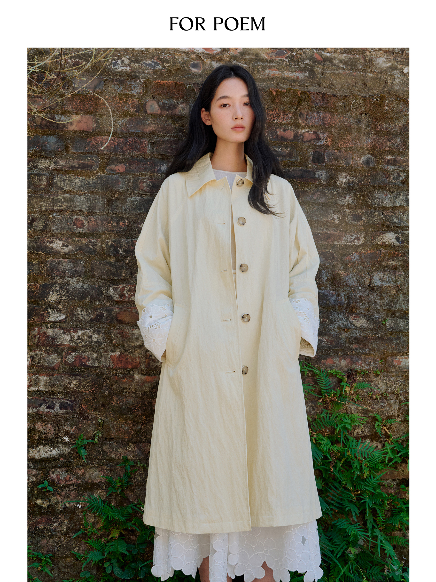 ForPoem 现货 26/SS原创设计米白色中长款花边袖口翻领风衣外套