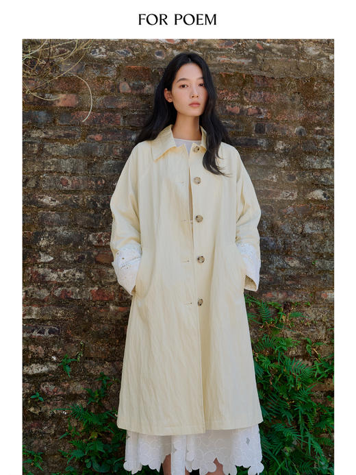 ForPoem 现货 26/SS原创设计米白色中长款花边袖口翻领风衣外套 商品图0