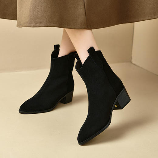 【预售5天】秋冬季女加绒加厚棉鞋翻毛皮短靴粗跟高跟鞋软底真皮西部MS&&7040 商品图1