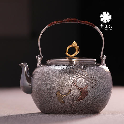 李小白银壶 纯手工银壶 银杏 纯银9999烧水壶 纯银银壶 大师级刻花银壶 商品图0