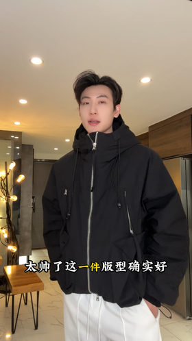 W0323SDSA男士秋冬新款痞帅男装潮牌纯色多口袋拉链立领连帽夹克潮牌