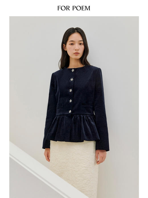 ForPoem 现货 26/SS原创设计感复古金属花扣荷叶边灯芯绒外套 商品图0