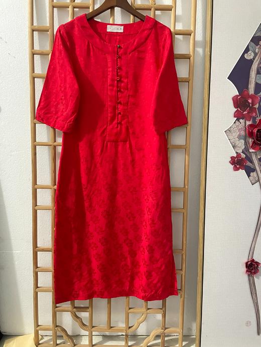 「断码清仓」精品新中式提花亚麻玉石朱砂扣中袖旗袍连衣裙 S码  ZFYY274 商品图0