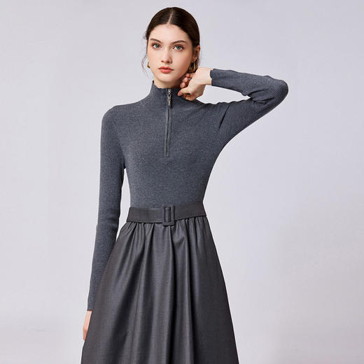 「自」全新升级【铂金会员468/天猫629/差价161】(03159)洛诗琳气质通勤系带收腰连衣裙2026新款半高领拼接连衣裙女 商品图2