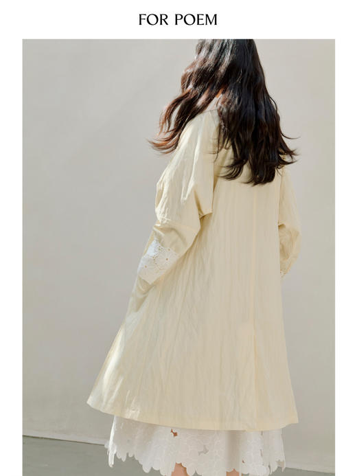 ForPoem 现货 26/SS原创设计米白色中长款花边袖口翻领风衣外套 商品图4