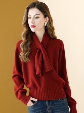 「自」全新升级【铂金会员174/天猫229/差价55】(01725)洛诗琳洋气可拆卸围巾领针织上衣女2025秋冬新款气质减龄百搭长袖毛衣