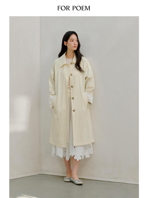 ForPoem 现货 26/SS原创设计米白色中长款花边袖口翻领风衣外套 商品图2
