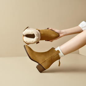 【预售5天】秋冬季女加绒加厚棉鞋翻毛皮短靴粗跟高跟鞋软底真皮西部MS&&7040