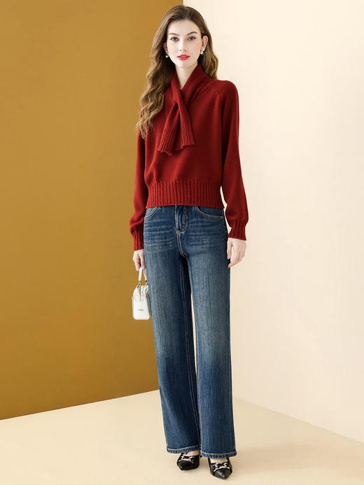 「自」全新升级【铂金会员174/天猫229/差价55】(01725)洛诗琳洋气可拆卸围巾领针织上衣女2025秋冬新款气质减龄百搭长袖毛衣 商品图1