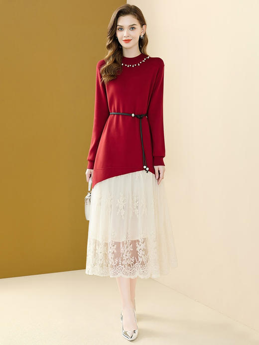 「自」全新升级【铂金会员220/天猫299/差价79】(10303)洛诗琳假两件针织长裙连衣裙女春季2026新款蕾丝拼接收腰显瘦打底裙 商品图3