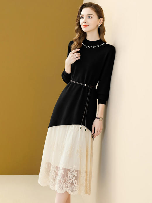 「自」全新升级【铂金会员220/天猫299/差价79】(10303)洛诗琳假两件针织长裙连衣裙女春季2026新款蕾丝拼接收腰显瘦打底裙 商品图0