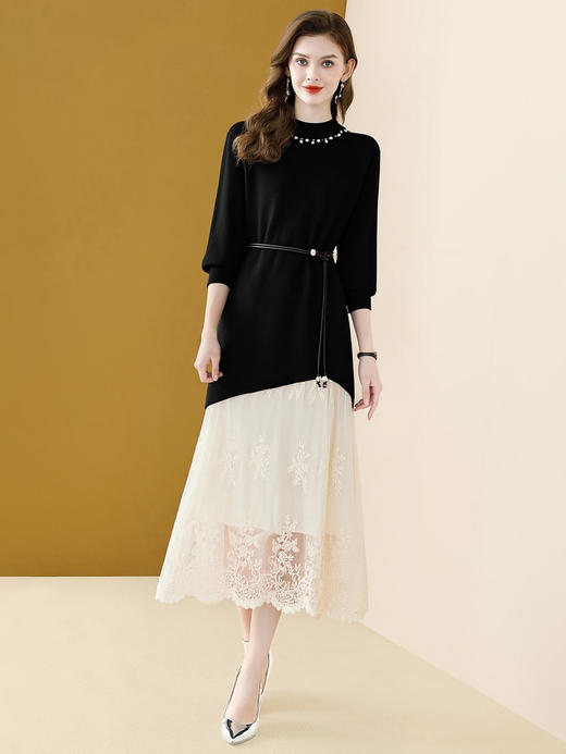 「自」全新升级【铂金会员220/天猫299/差价79】(10303)洛诗琳假两件针织长裙连衣裙女春季2026新款蕾丝拼接收腰显瘦打底裙 商品图1