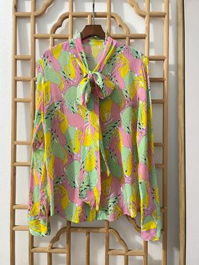 「断码清仓」100%桑蚕丝飘带印花衬衫 L码  ZFYY264