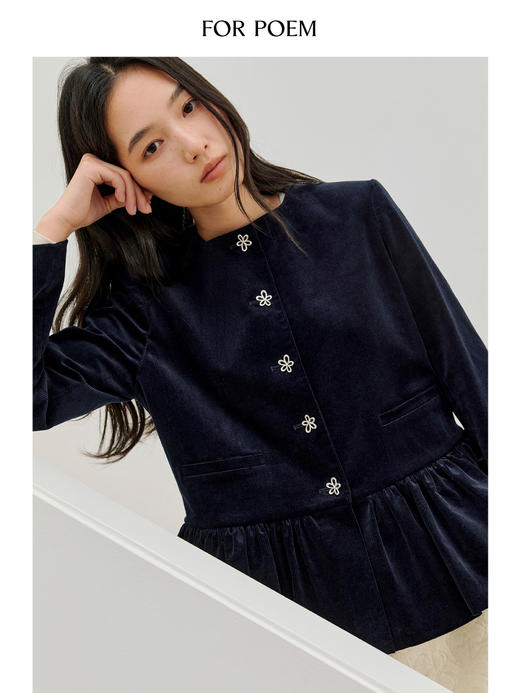 ForPoem 现货 26/SS原创设计感复古金属花扣荷叶边灯芯绒外套 商品图4