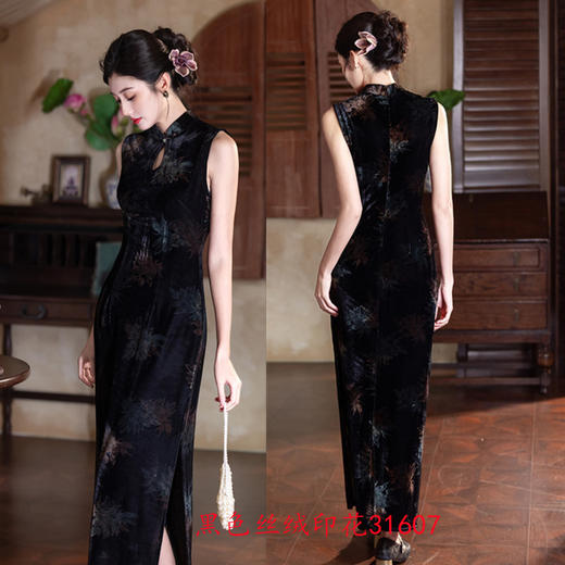 黑色丝绒印花长款港风无袖旗袍，时尚改良新中式日常旗袍GX-31607 商品图2
