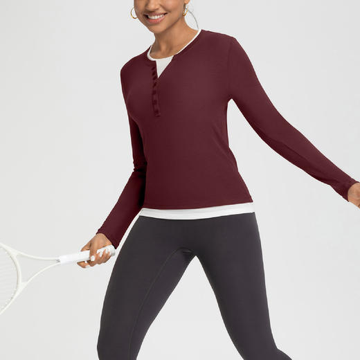 跃牌【倚窗听雨】美丽诺羊毛假两件拼色纽扣V领显瘦运动打底衫长袖T恤上衣CX155 商品图2