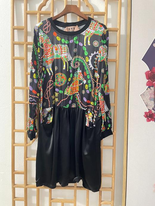 「断码清仓」100%桑蚕丝黑底印花连衣裙 L码  ZFYY265 商品图0