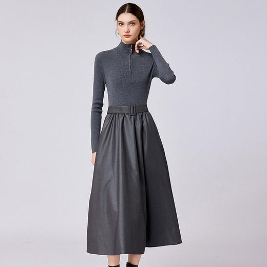「自」全新升级【铂金会员468/天猫629/差价161】(03159)洛诗琳气质通勤系带收腰连衣裙2026新款半高领拼接连衣裙女 商品图0