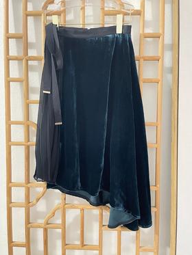 「断码清仓」醋酸真丝丝绒开叉百褶斜角半身裙 S码  ZFYY268