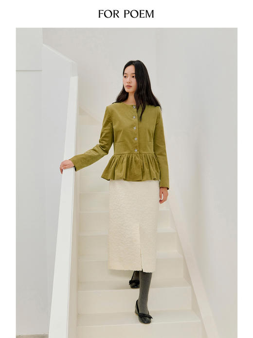 ForPoem 现货 26/SS原创设计感复古金属花扣荷叶边灯芯绒外套 商品图1