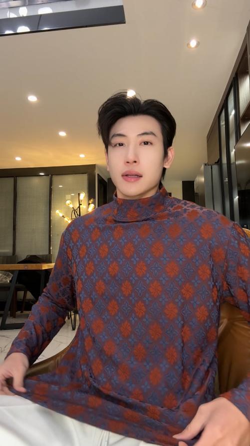 T5097SDSA男士秋冬新款痞帅男装简约撞色提花花卉立领长袖T恤百搭潮流 商品图0