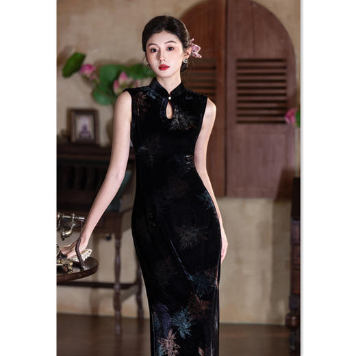 黑色丝绒印花长款港风无袖旗袍，时尚改良新中式日常旗袍GX-31607 商品图3