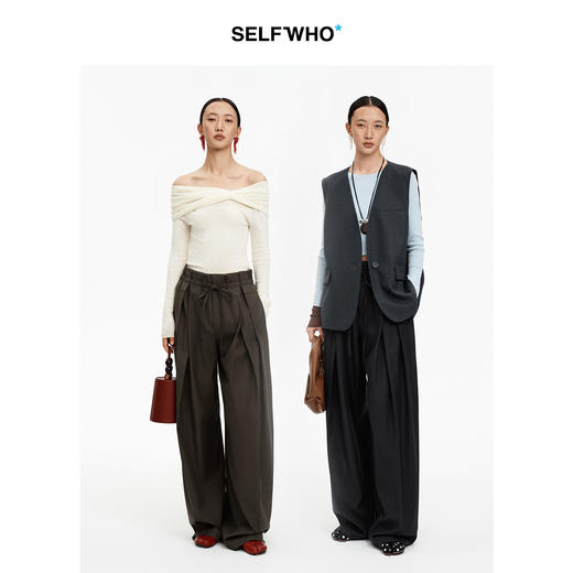 SELFWHO绵羊毛混纺宽腰头抽绳压褶阔腿裤女2026春新款收腰休闲裤 商品图1