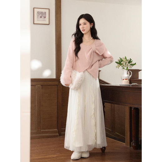 鹿向南「褶影罗曼」法式杏色纱裙女冬新款高腰垂感长款A字半身裙 商品图3