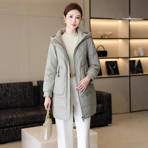 丁摩 真皮羽绒服女中长款绵羊皮加厚显瘦皮衣外套连帽5181-1 商品图1