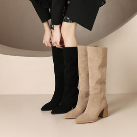 【预售5天】显瘦磨砂皮高筒靴女秋冬季新款尖头粗跟高跟不过膝长靴纯色小腿靴T688