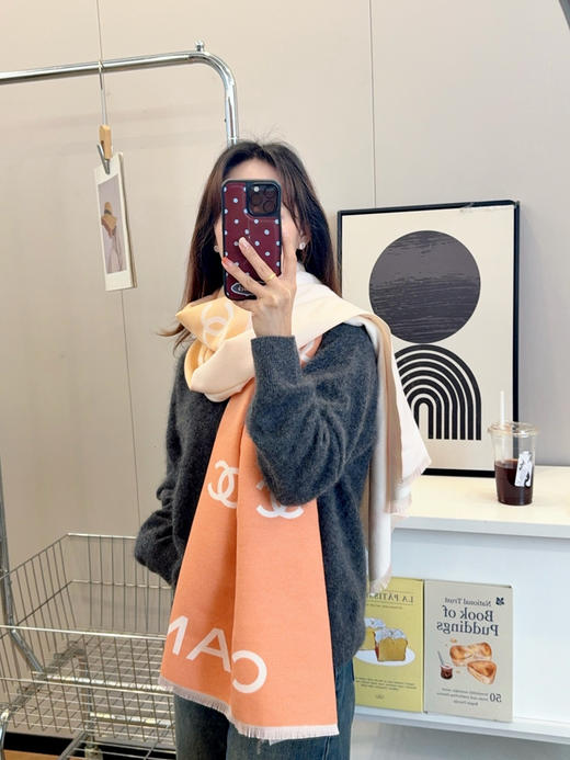 秋冬特惠💰150 香奈儿围巾 羊绒双面橘色拼色大披肩 商品图2