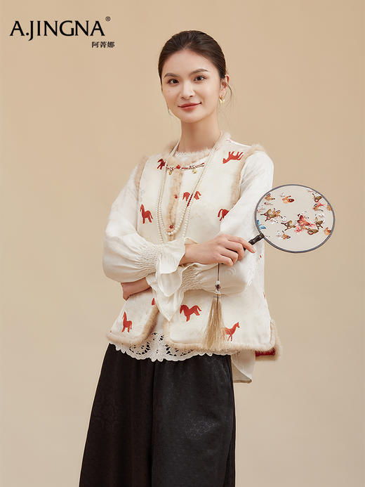 【淘衣节专享】阿菁娜冬季新款软糯水貂毛马甲两面穿童趣印花节日氛围感保暖叠穿内搭F30D203018 商品图1