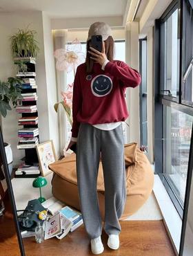 F010417休闲复古蓝调笑脸印花加绒上衣宽松下摆抽绳外穿女士卫衣