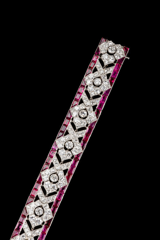 独角鹿西洋古董1920年代法国顶级珠宝世家梵克雅宝出品装饰艺术风格几何花卉造型铂金镶嵌红宝石及钻石手链 商品图5