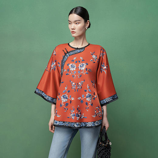 【林栖设计小店】【现货】拍行古董复现|丝棉缎绣花砖红色中式宽松氅衣1961100 商品图5